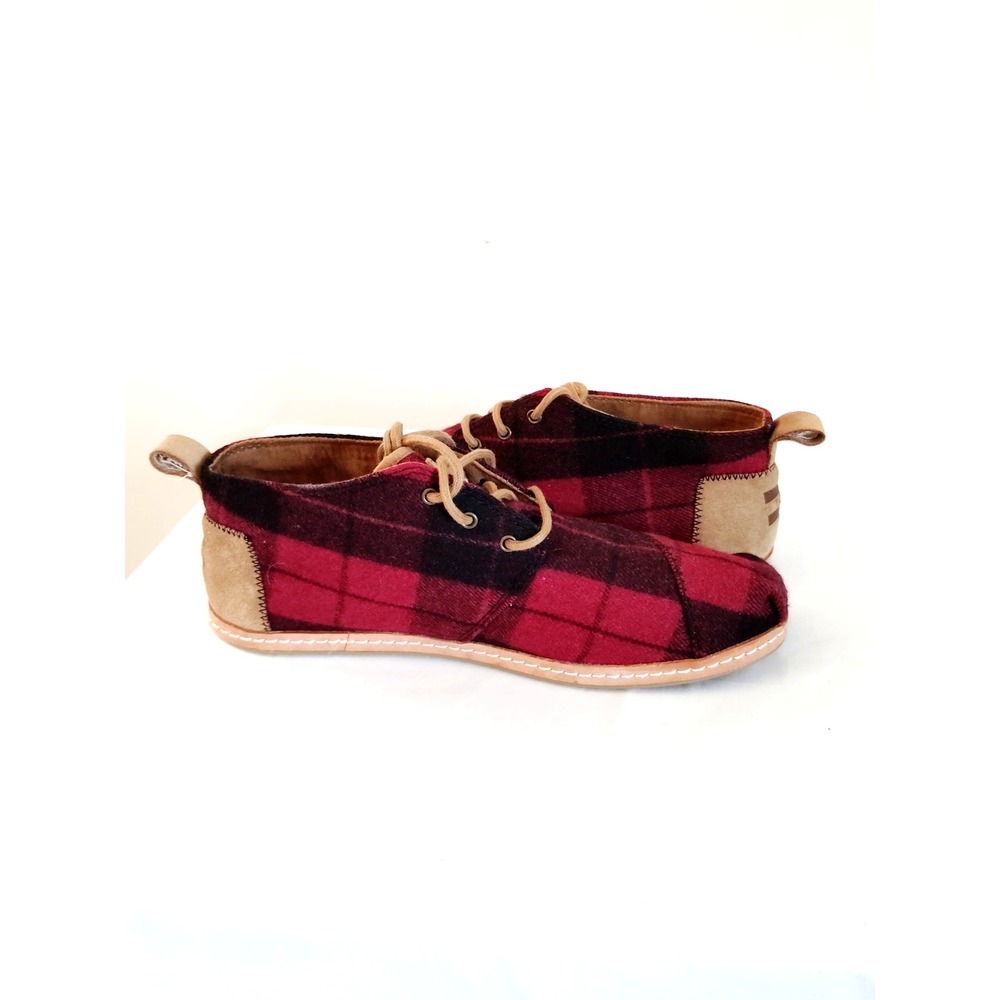 TOMS Plaid Suede Lace Up Shoes Red Black Cozy Lined Casual Sneakers Women 11 EUC